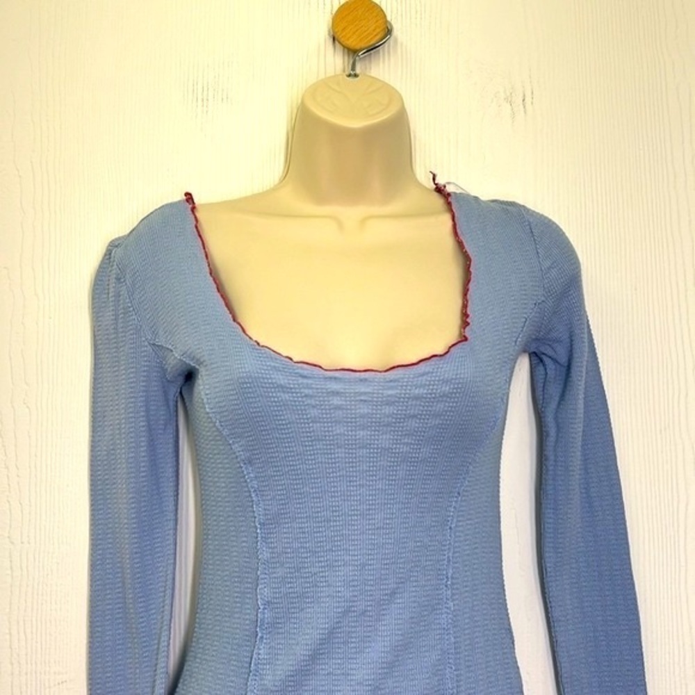 Free People - Nikita Baby Blue Red Trim Ribbed Long Sleeve Bodysuit Size Large - Picture 3 of 12